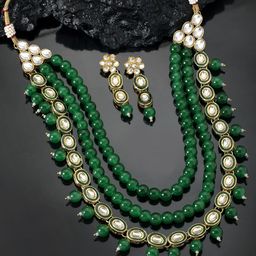 Peora Green & White Gold Plated Beaded Long Necklace & Earing Set-39