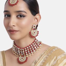 Peora Red Gold Plated Kundan Studded Choker Necklace Earring Traditional Jewellery Set-9