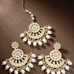 Peora Gold Plated White Kundan & Pearl Studded Dangle Earrings & Maang Tikka-picture-34