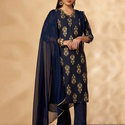 IMARA Floral Printed Embroidered Gotta Patti Regular Kurta with Trousers & Dupatta-image-8