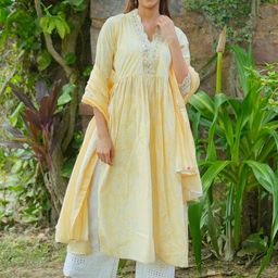 Libas Floral Printed Pleated Mirror Work Pure Cotton Kurta with Palazzos & Dupatta-32