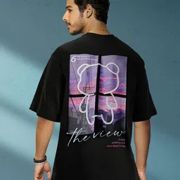 Bewakoof Black Graphic Printed Drop-Shoulder Sleeves Oversize Cotton T-shirt-image-46