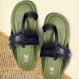 THE MADRAS TRUNK Men Olive & Black Textured Leather T-Strap Flats-picture-48