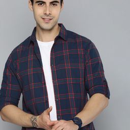 HERE&NOW Men Navy Blue Slim Fit Checked Sustainable Casual Shirt-image-45