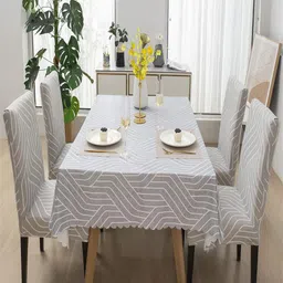 HOUSE OF QUIRK Grey Striped Waterproof 4-Seater Rectangular Table With Chair Covers-54