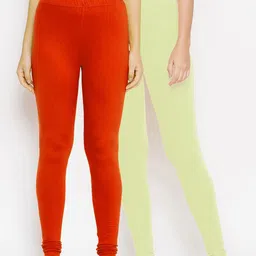 Bitterlime Women Pack of 2 Red & Cream Solid Churidar-Length Leggings-image-59