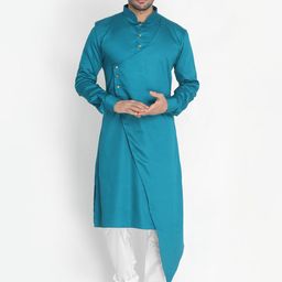 VASTRAMAY Men Turquoise Blue & Cream Kurta with Churidar-39