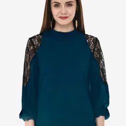 V&M Women Teal Bishop Sleeves Crepe Regular Top-image-74