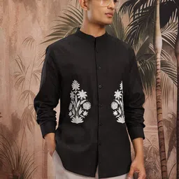 Sangria Band Collar Floral Embroidered Ethnic Shirt-image-10