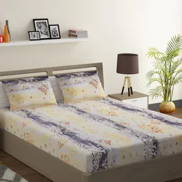SWAYAM Yellow & White Abstract 144 TC Cotton 1 Queen Bedsheet with 2 Pillow Covers-image-68