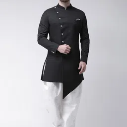 Hangup Men Black Solid Sherwani With White Solid Dhoti Pants-image-2
