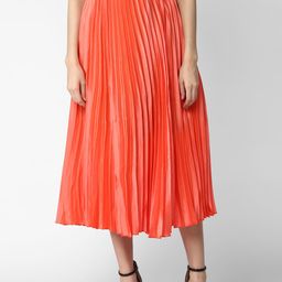 StyleStone Women Orange Solid Satin Pleated Flared Midi Skirt-image-10