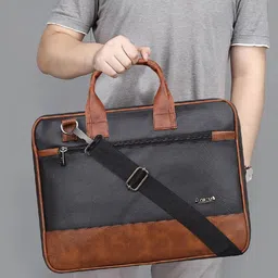 LOREM Unisex Textured Black & Tan Color Faux Leather 10L Laptop Bag For Men & Women-image-37