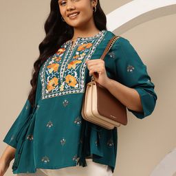 Sztori Plus Size Embroidered Tie-Up Detail Kurti-image-32