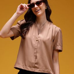 HERE&NOW Solid V-Neck Puff Sleeves Regular Top-image-82