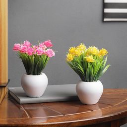 FOLIYAJ Set Of 2 Pink & Yellow Artifical Rose Flower Plants With White Pots-17