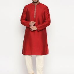 Indus route by pantaloons Men Maroon Solid Straight Kurta-image-34
