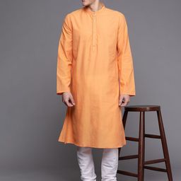 Fabindia Men Orange Solid Band Collar Pure Cotton Kurta-image-5