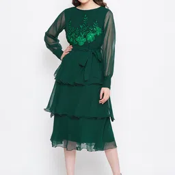 Bitterlime Women Green Embroidered Fit and Flare Dress-image-14
