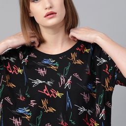 Kook N Keech Women Black Printed Round Neck Oversized Pure Cotton T-shirt-image-65