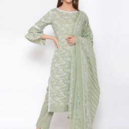 Yuris Women Green Printed Panelled Pure Cotton Kurta with Trousers & With Dupatta-image-112