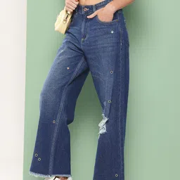 Killer Women Mid-Rise Low Distress Light Fade Embellished Wide Leg Jeans-image-65