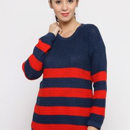 Wills Lifestyle Women Navy Blue & Red Striped Sweater-image-55