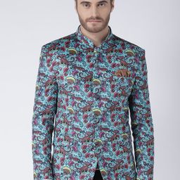Hangup Men Blue & Black Printed Bandhgala Blazer-89