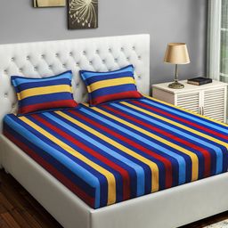 SWAYAM Multicoloured Striped 180 TC Cotton Double Queen Bedsheet with 2 Pillow Covers-5