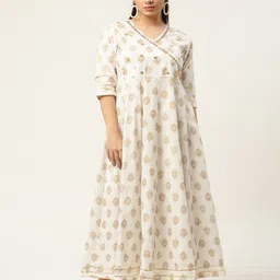 HERE&NOW Off White Cotton Ethnic Motifs Maxi Ethnic Dress-picture-6