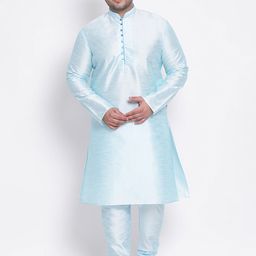 hangup plus Men Blue Solid Dupion Silk Kurta with Pyjamas-picture-44