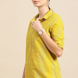 Anouk Women Lime Green & Teal Blue Striped Pure Cotton Straight Kurta-58