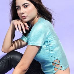 Tokyo Talkies Women Blue Solid Short Sleeves Top-picture-49