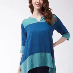 InWeave  Women Blue Colourblocked Pure Cotton A-Line Top-31