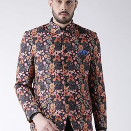 Hangup Men Brown & Orange Floral Printed Bandhgala Blazer-picture-10