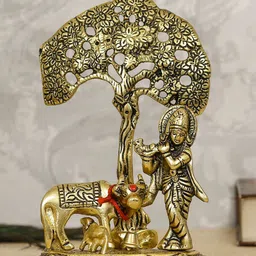 TIED RIBBONS Gold-Toned Krishna Playing Flute With Kamdhenu Cow Standing Under Tree Idol Showpiece-image-67