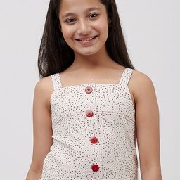 CACA CINA Girls Off-White & Red Polka Dot Printed Pure Cotton Top-12