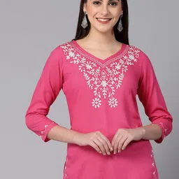 QAZMI Aari Embroidered Pashmina Work V-Neck Straight Kurti-picture-57