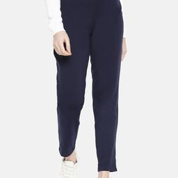 Dollar Missy Women Navy Blue Smart Straight Fit Solid Cigarette Trousers-picture-3