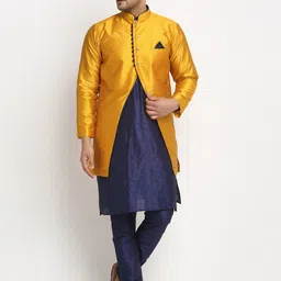 Benstoke Men Blue & Yellow Solid Kurta with Pyjamas-image-97