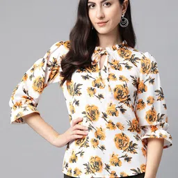 Cottinfab Floral Print Tie-Up Neck Puff Sleeves Shirt Style Top-image-76