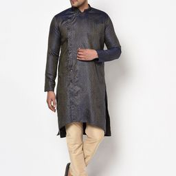 TABARD Men Navy Blue & Gold-Coloured Jacquard Printed Kurta With Pyjamas-picture-20