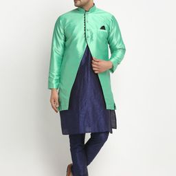 Benstoke Men Blue & Green Self Design Kurta with Pyjamas-picture-14