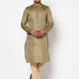 TABARD Men Gold-Toned & Beige Jacquard Printed Kurta with Pyjamas-image-79