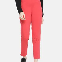 Dollar Missy Women Coral Red Smart Straight Fit Solid Cigarette Trousers-image-24