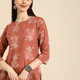 Anouk Women Rust Orange & White Tropical Printed Pure Cotton Kurta-image-60
