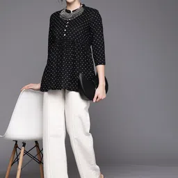 Indo Era Black Geometric Print Mandarin Collar Peplum Top-image-62