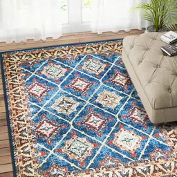 Status Blue & Beige Printed Nylon Anti-Skid Carpet-51