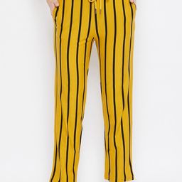 Hypernation Women Yellow & Black Striped Cotton Lounge Pants-image-51