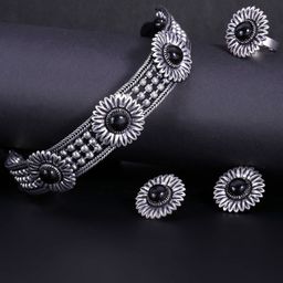 Yellow Chimes Oxidised Brass-Plated Silver-Toned & Black Stone-Studded Jewellery Set-image-16